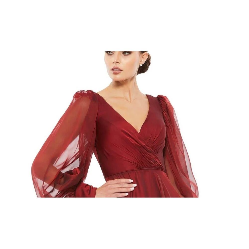 New!Mac Duggal Deep Red Long Sleeve Flowy Eleban Chiffon Gown Sz 8 - Picture 10 of 10
